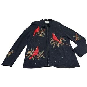 Vintage 90's Tiara International Christmas Cardinal Zip Cardigan Sweater Women M